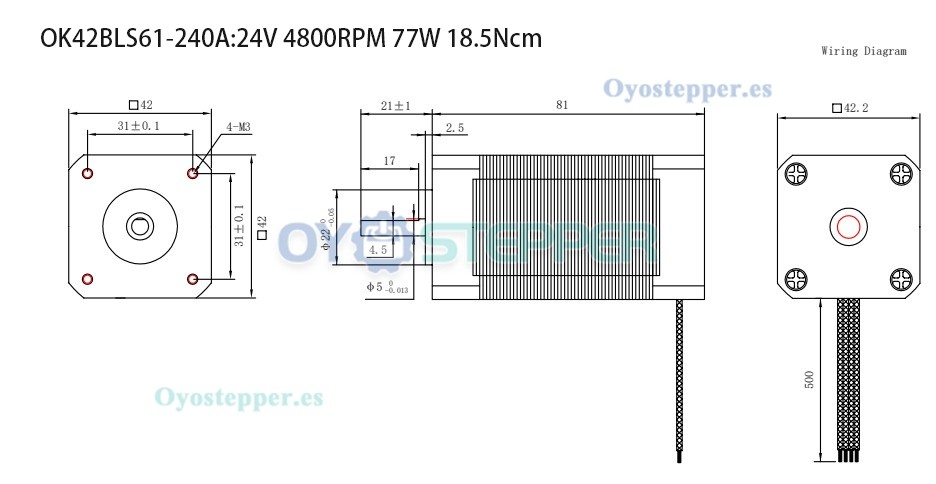 Oukeda Motor DC sin Escobillas Trifásico 24 V 6.25–18.5 N·cm 1500–4000 RPM Φ42 mm con chavetero