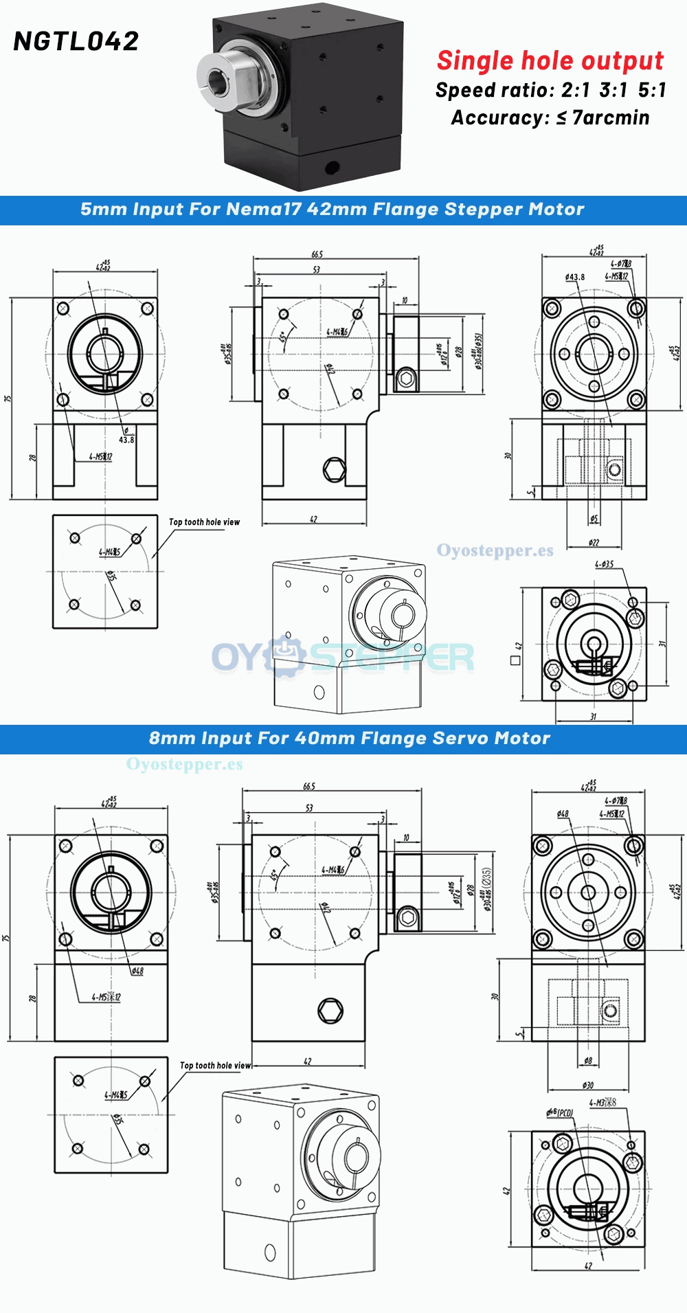 NEMA23 Reductor de Ángulo Recto con Engranaje Cónico 2:1/3:1/5:1, 90° NEMA23 Reductor de Ángulo Recto con Engranaje Cónico 2:1/3:1/5:1, 90°