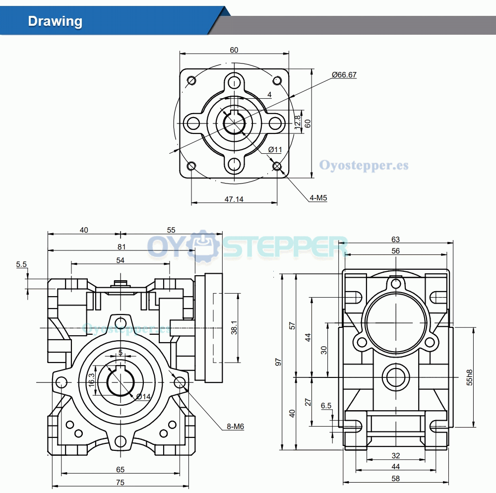 NMRV030 Reductor Sinfín Corona 5:1 / 10:1 / 20:1 / 30:1 / 50:1 para Motor Paso a Paso o Servo Nema 23