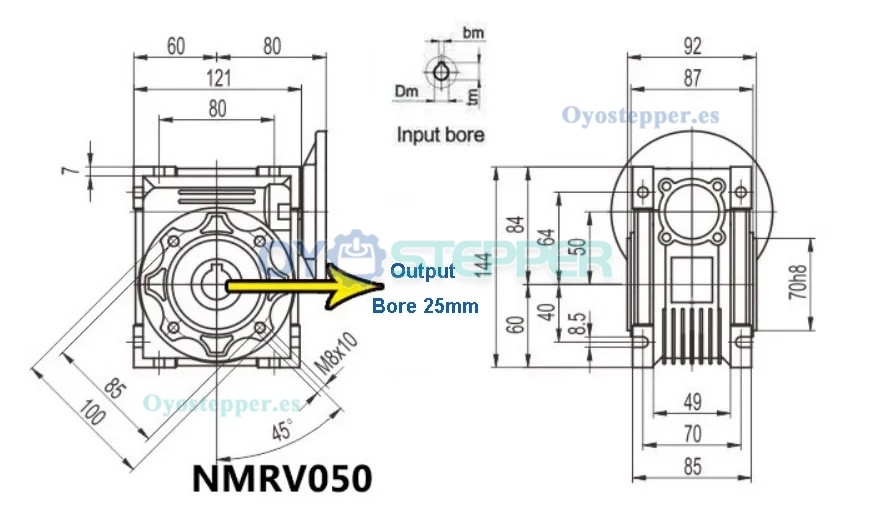 NMRV050 Caja Reductora con Engranaje Sinfín 5:1 a 100:1 Entrada 11 mm / 14 mm / 19 mm Salida 25 mm
