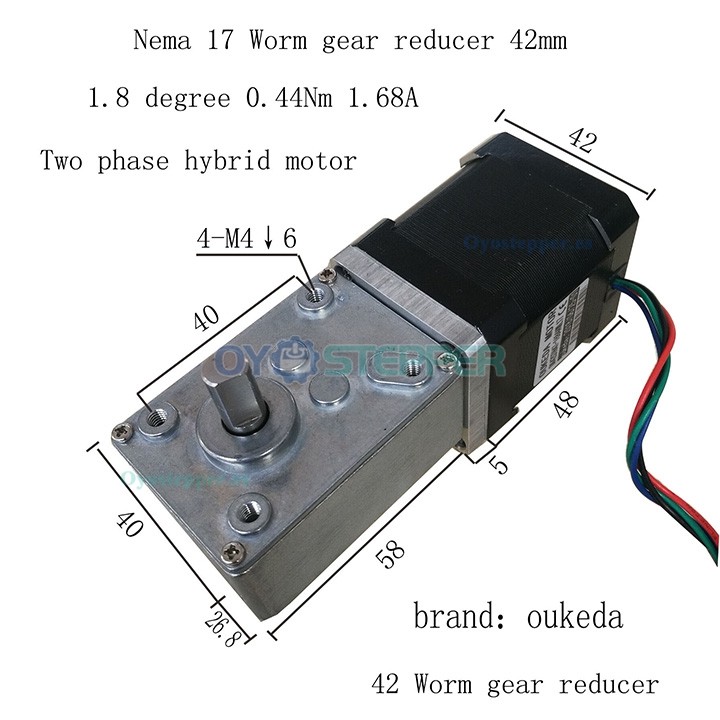 Oukeda Motor Paso a Paso Nema 17 con Caja Reductora Sinfín 17:1 / 30:1 / 50:1 / 100:1 / 500:1 1.8° 44 N·cm 1.68 A 2 Fases