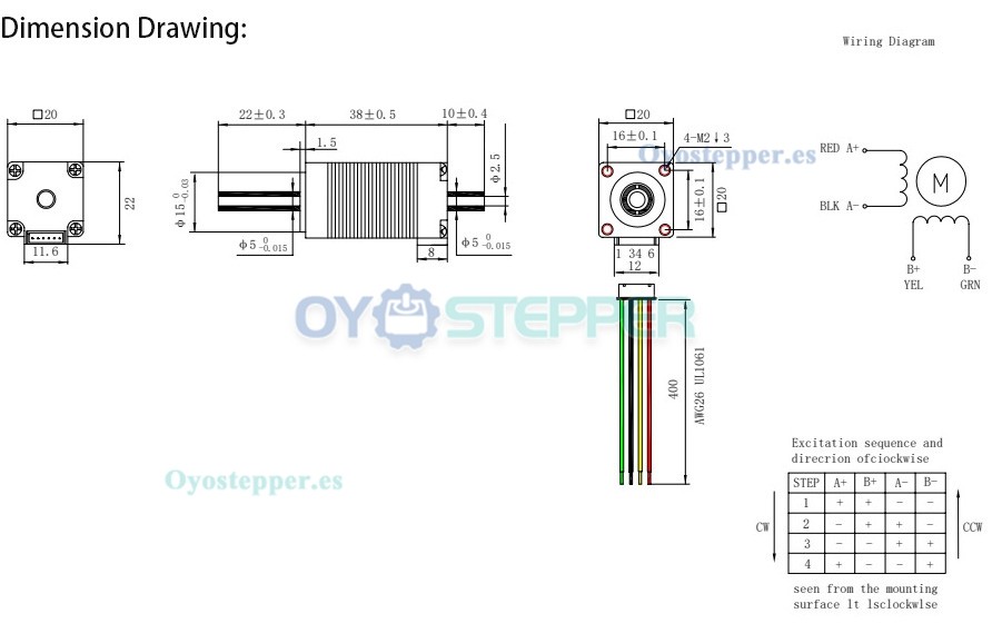 Oukeda Motor paso a paso Nema 8 bipolar eje hueco 1.8° 3.13Ncm 0.6A 5.4V 2 fases doble eje