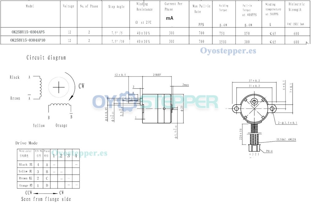 Oukeda Motor Paso a Paso PM con Caja Reductora 5:1 / 10:1 7.5° 12 V 2 Fases Φ25 mm