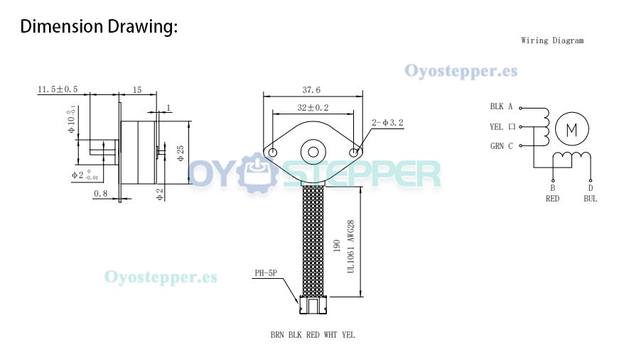 Oukeda Motor Paso a Paso PM25 con Imán Permanente 2 Fases 1.8° 1 A 12 N·cm 36.5×36.5 mm