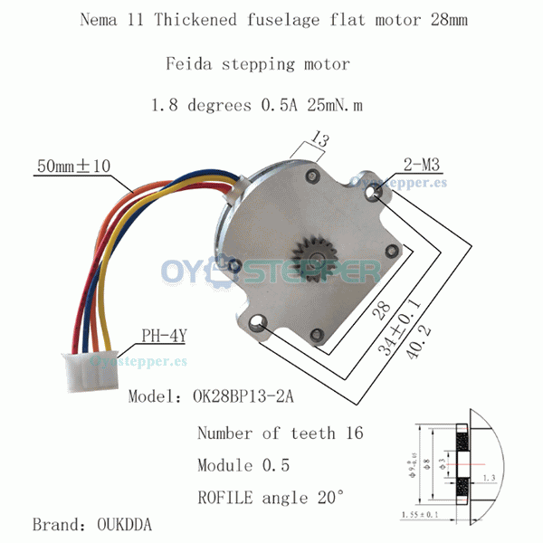 Oukeda Motor paso a paso plano Nema 11 con caja reductora 1.8° 2 fases 2.5Ncm 4 hilos