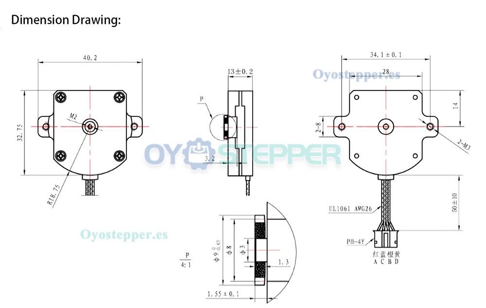 Oukeda Motor paso a paso plano Nema 11 con caja reductora 1.8° 2 fases 2.5Ncm 4 hilos