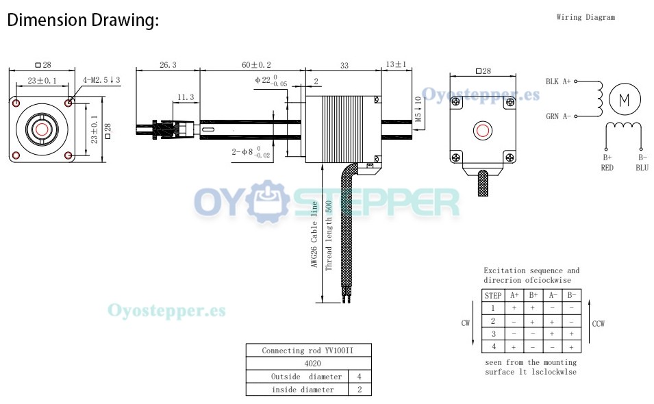 Oukeda Motor paso a paso Nema 11 1.8° 6.8Ncm 28×28mm para máquina Yamaha / etiquetadora