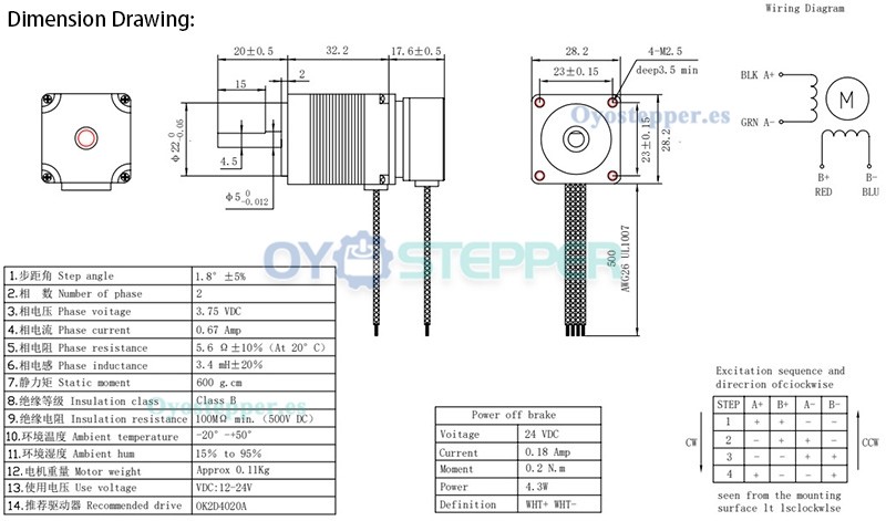 Motor Paso a Paso Nema 11 con Freno 1.8° 5.88 N·cm 3.75 V 0.67 A 28×28 mm 2 Fases con Eje D-Cut