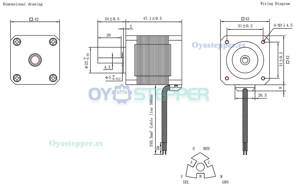 Oukeda Motor Paso a Paso NEMA 17 1.2° 32 N·cm 3 Fases 1.5 A 5.4 VDC con Eje D-Cut 42×42 mm