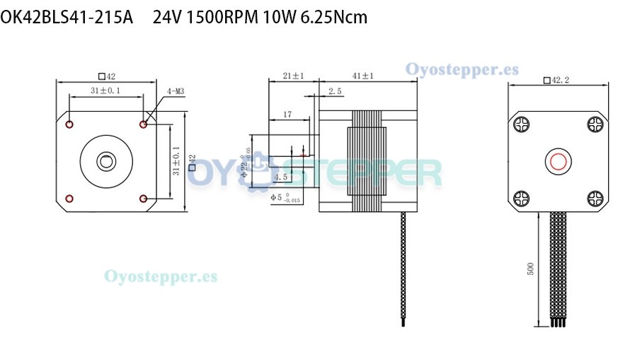 Oukeda Motor DC sin Escobillas Trifásico 24 V 6.25–18.5 N·cm 1500–4000 RPM Φ42 mm con chavetero