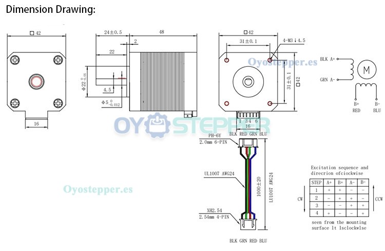 Oukeda Motor Paso a Paso Nema 17 Alta Temperatura 1.8° 60 N·cm Clase de Aislamiento B 180 °C
