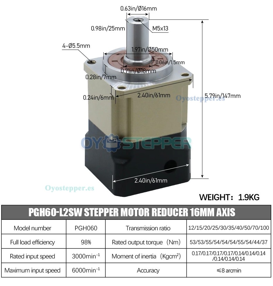 Caja Reductora Planetaria con Engranaje Helicoidal para Motor Paso a Paso Nema 23, Nema 24 – Eje de 16 mm