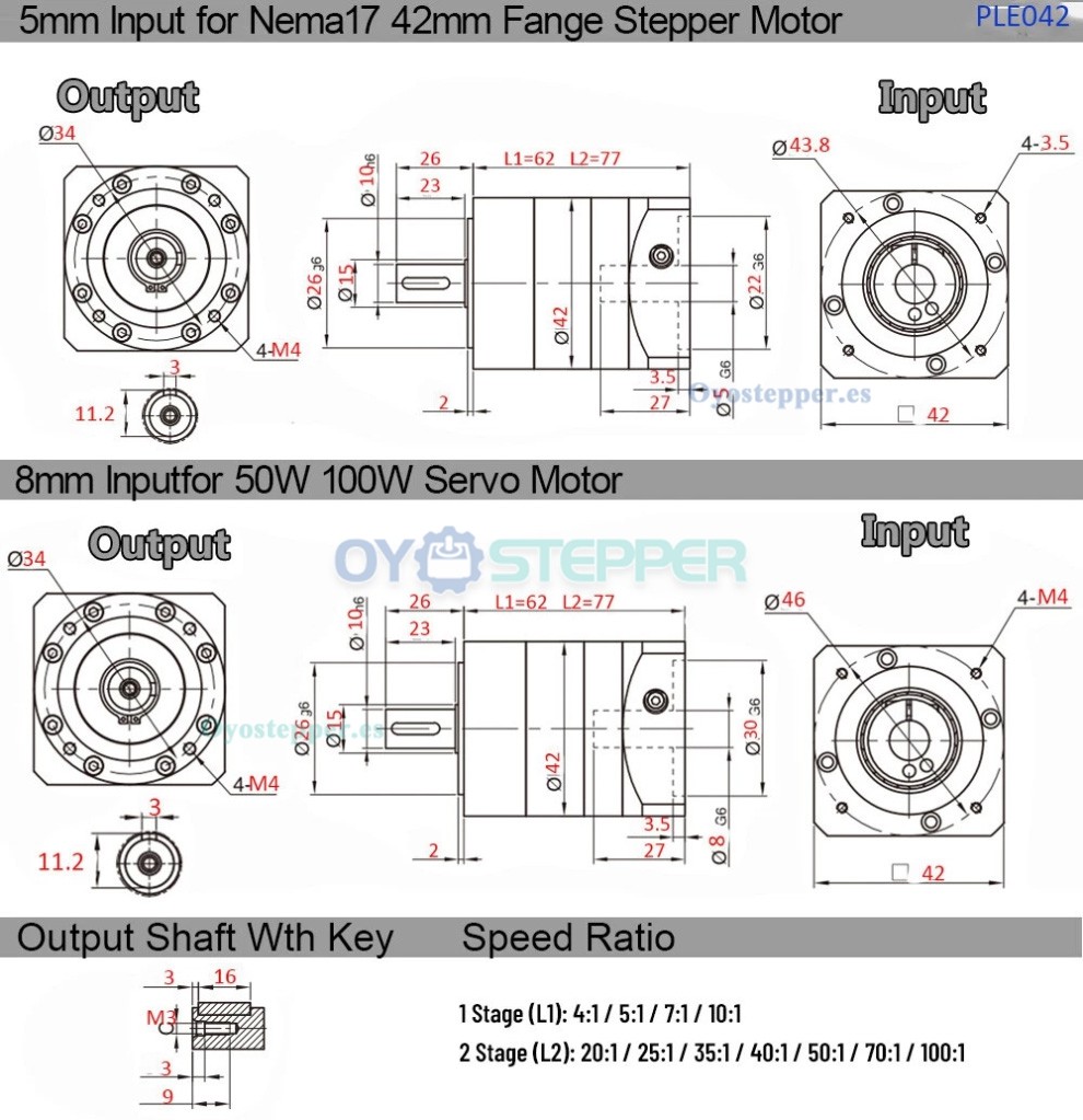 PLE042 Reductor Planetario Redondo para Motor Paso a Paso NEMA17 42mm / Servomotor 40mm 50W 100W