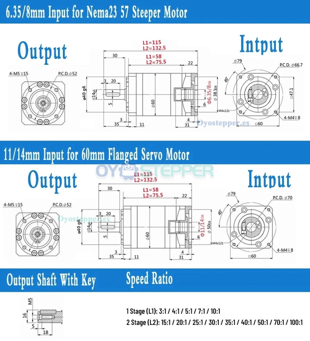 PLE060 Reductor Planetario para Motor Paso a Paso NEMA23 / Servomotor AC 60mm 200W 400W