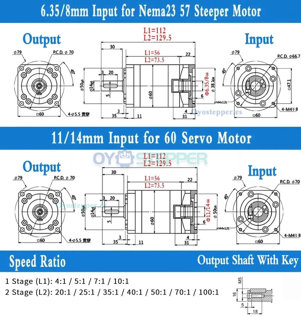 PLF060 Reductor Planetario para Motor Paso a Paso Nema 23 / Servomotor 60mm