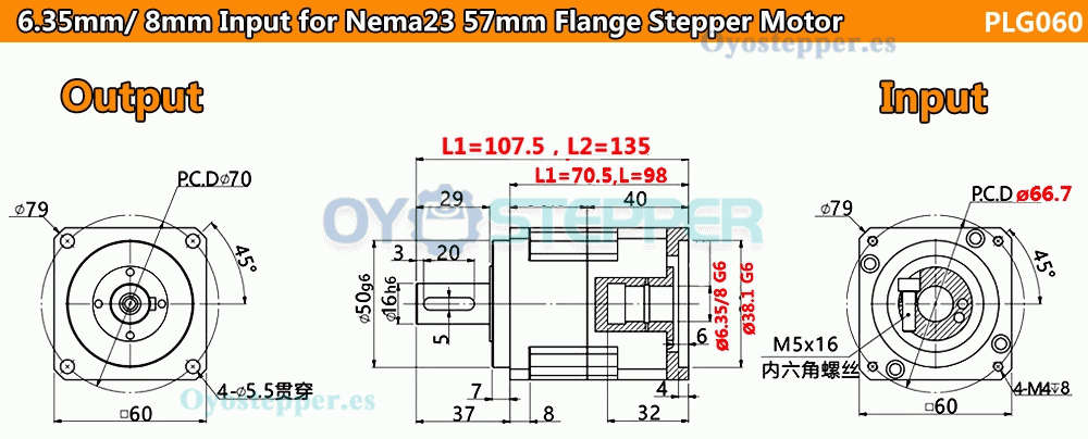 Reductor Planetario de Engranaje Helicoidal para Motor Paso a Paso Nema 23 o Servo de 60 mm