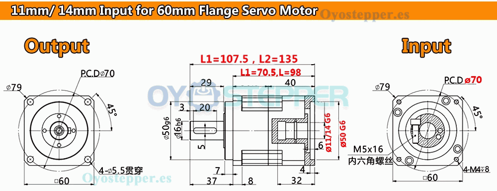 Reductor Planetario de Engranaje Helicoidal para Motor Paso a Paso Nema 23 o Servo de 60 mm
