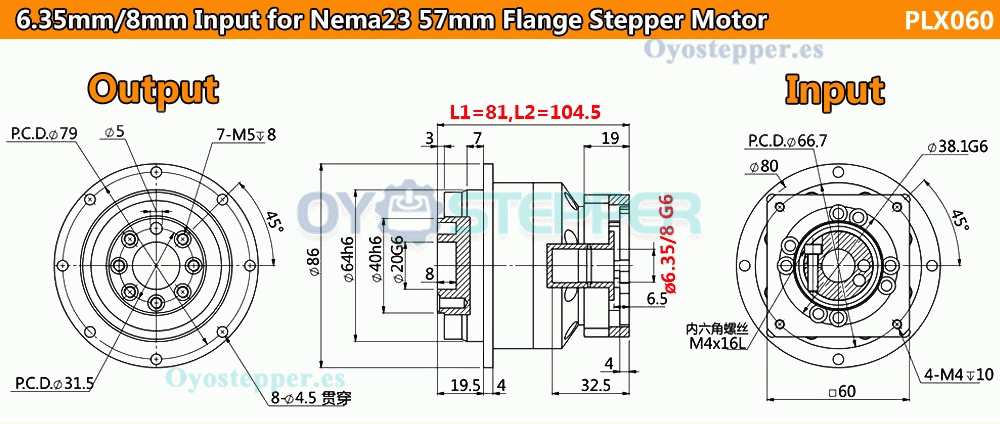 Caja Reductora Planetaria con Engranaje Helicoidal para Motor Paso a Paso Nema 23 o Servo de 60 mm