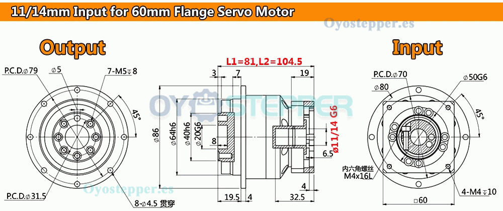Caja Reductora Planetaria con Engranaje Helicoidal para Motor Paso a Paso Nema 23 o Servo de 60 mm