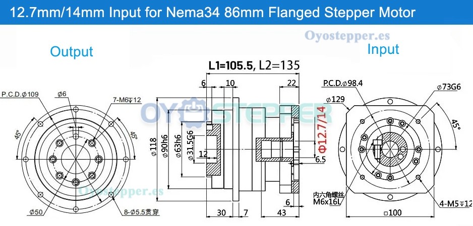 Reductor de Velocidad Planetario con Engranaje Helicoidal para Motor Paso a Paso Nema 34 de 86 mm o Servo de 90 mm