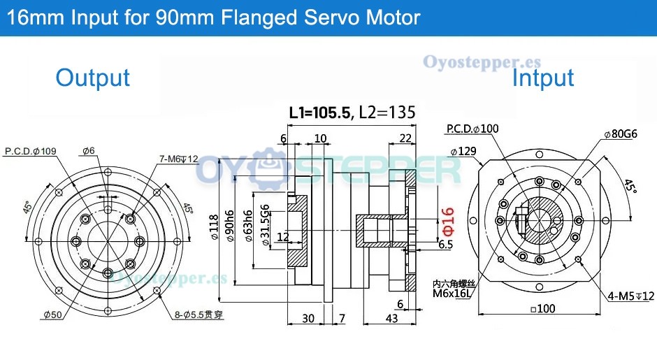 Reductor de Velocidad Planetario con Engranaje Helicoidal para Motor Paso a Paso Nema 34 de 86 mm o Servo de 90 mm