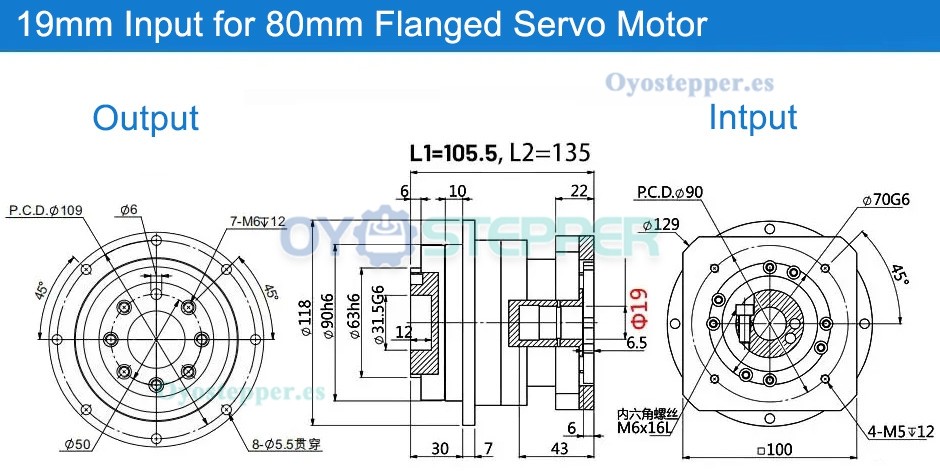 Reductor de Velocidad Planetario con Engranaje Helicoidal para Motor Paso a Paso Nema 34 de 86 mm o Servo de 90 mm