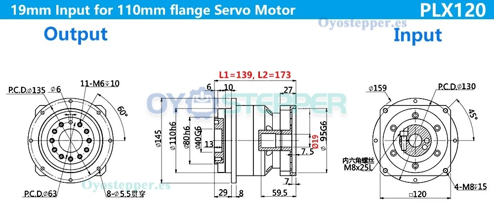 Reductor Planetario de Engranaje Helicoidal para Motor Paso a Paso Nema 42 o Servo de 110 mm/130 mm
