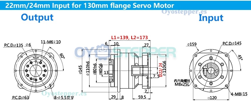 Reductor Planetario de Engranaje Helicoidal para Motor Paso a Paso Nema 42 o Servo de 110 mm/130 mm