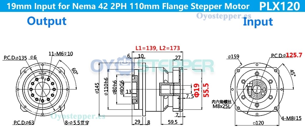 Reductor Planetario de Engranaje Helicoidal para Motor Paso a Paso Nema 42 o Servo de 110 mm/130 mm
