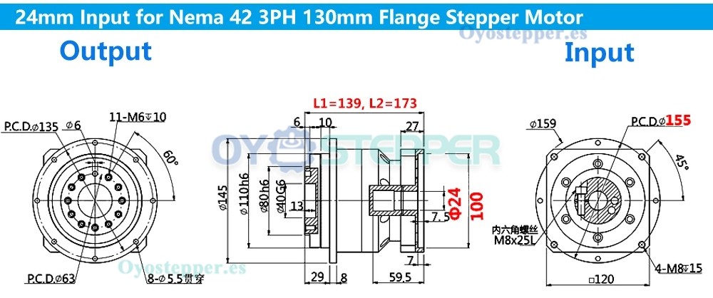 Reductor Planetario de Engranaje Helicoidal para Motor Paso a Paso Nema 42 o Servo de 110 mm/130 mm