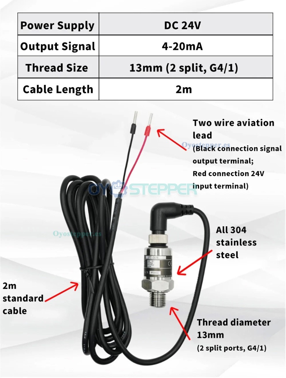 Transductor de Presi&oacute;n PT506 G1/4 IP68 24V con Cable y Conector para Agua, Gas y Sistemas Hidr&aacute;ulicos