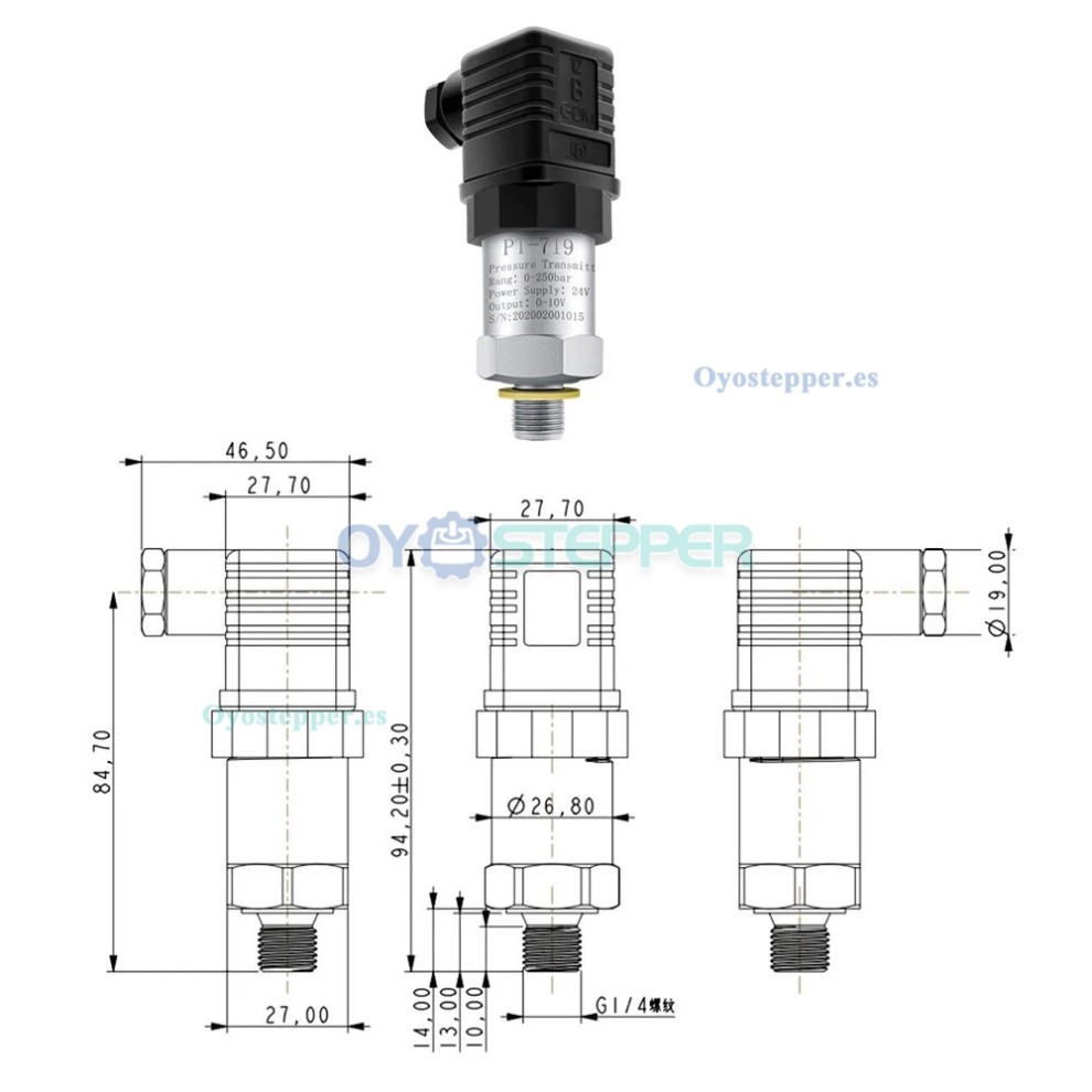 Sensor de Presi&oacute;n Hidr&aacute;ulica Industrial PT-719 IP65, Transductor 0-10V 4-20mA para Transmisi&oacute;n de Se&ntilde;al