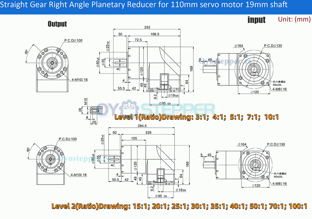 PVE120 Reductor Planetario &Aacute;ngulo Recto 90&deg;para Servomotor 110mm/130mm, Entrada 19/22/24mm