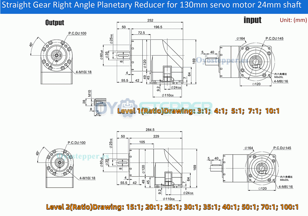 PVE120 Reductor Planetario &Aacute;ngulo Recto 90&deg;para Servomotor 110mm/130mm, Entrada 19/22/24mm