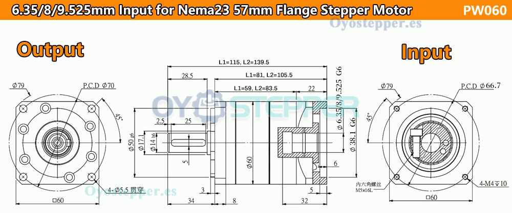 Reductor Planetario con Engranaje Helicoidal para Motor Paso a Paso Nema 23 o Servo de 60 mm