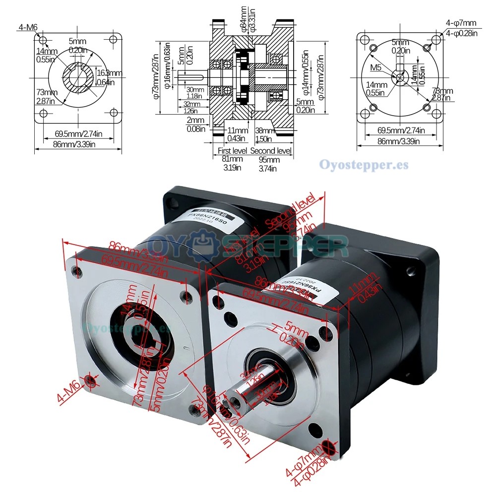 PX86 Reductor de velocidad de engranajes planetarios para motor paso a paso/servomotor Nema 34