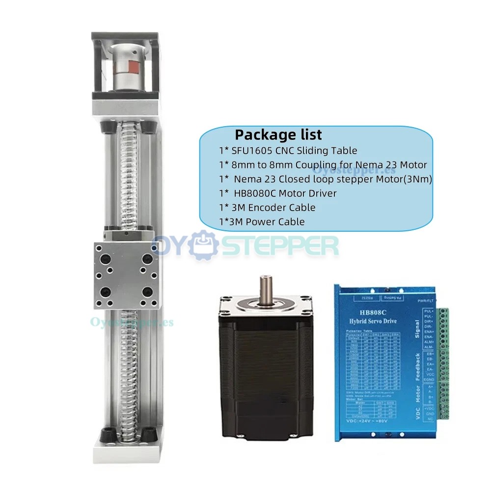 Kit de Etapa Lineal Motorizada con Gu&iacute;a de Carril y Husillo a Bolas para Mesa CNC con Motor Paso a Paso Nema 23 de Lazo Cerrado y Controlador