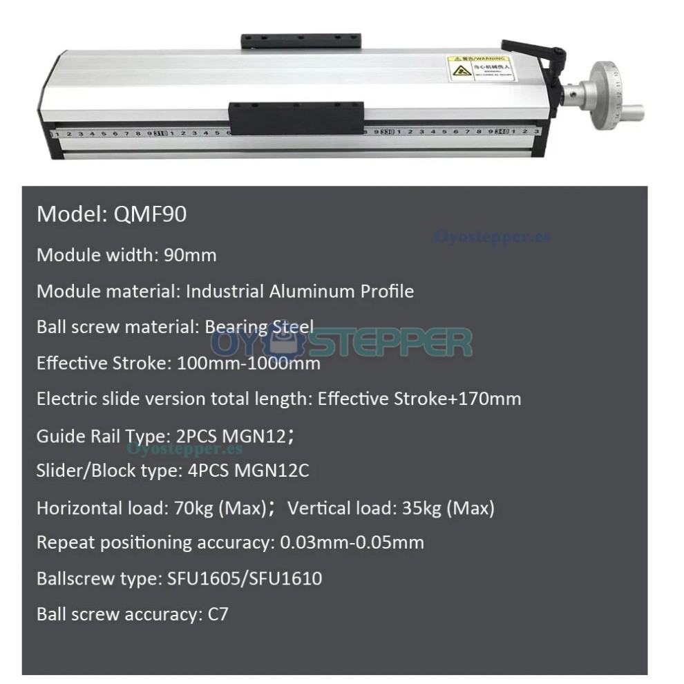 Etapa de Translaci&oacute;n Lineal Manual QMF90 Totalmente Sellada con Husillo a Bolas (10-70kg) para M&oacute;dulo Gu&iacute;a Lineal CNC