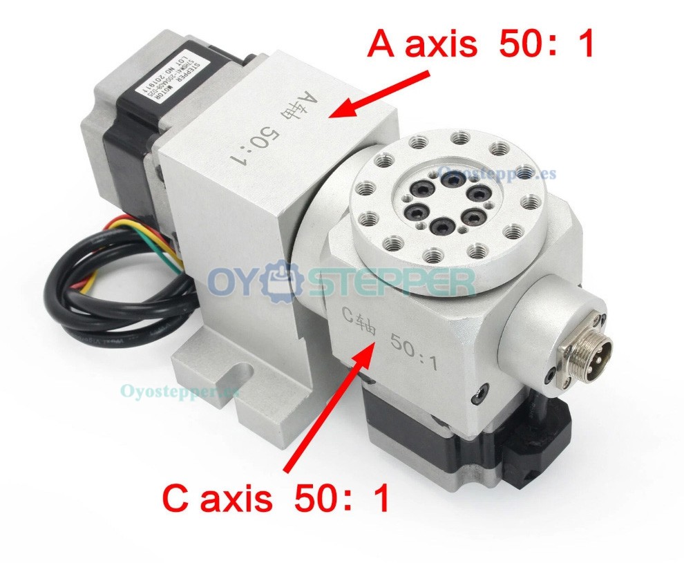 Cabezal divisor CNC de 5&ordm; eje A+C con reductor arm&oacute;nico 50:1 y motor paso a paso NEMA 23