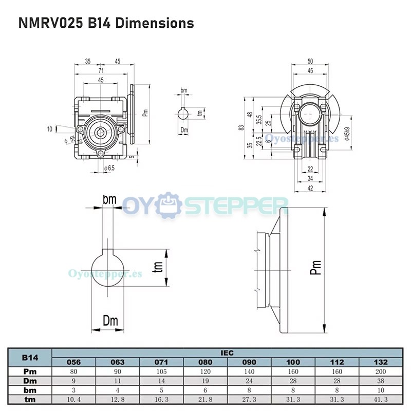 NMRV025 Caja Reductora con Engranaje Sinfín Brida 56B14 Relación 10:1 / 20:1 / 30:1 / 40:1 / 50:1 / 60:1