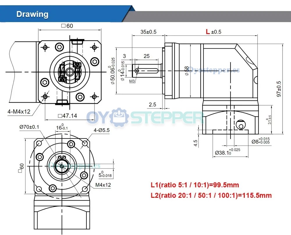 Caja de Cambios en Ángulo RectoRelación 5:1 / 10:1 / 20:1 / 50:1 Para Motor Paso a Paso Nema 23