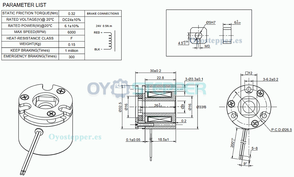 Freno electromagnético DC sin excitación 24V 0.32Nm para motor Nema 14