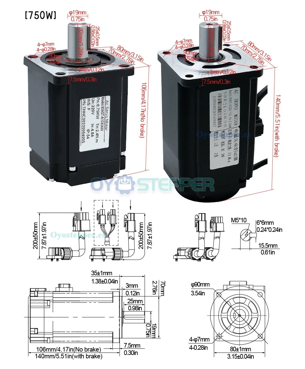 Kit de Motor Servo AC con Controlador 400 W / 600 W / 750 W / 1000 W 110 V / 220 V 1.27 a 3.8 N·m para CNC