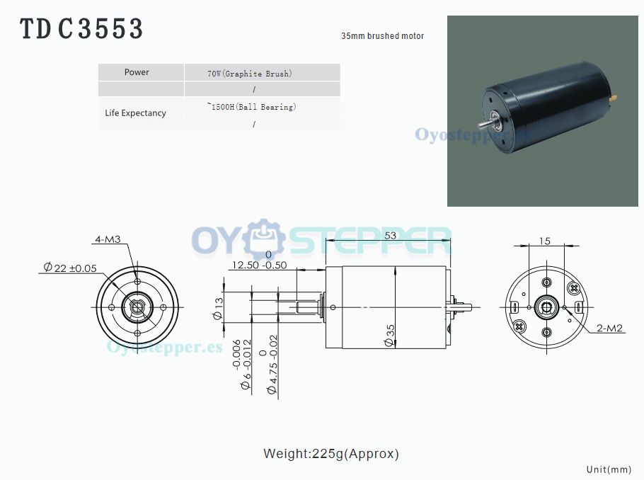 Pack de 2 Motores Eléctrico DC Sin Núcleo 24V 1300-1500mA 400g.cm 5500-6900rpm 70W 35×53mm