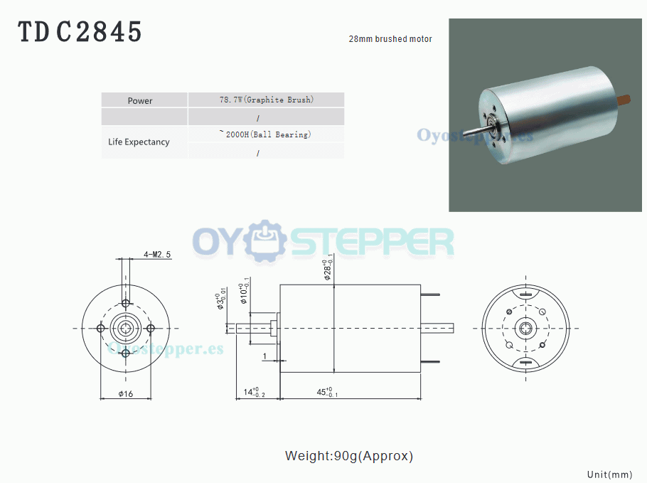 Pack de 2 Motores Eléctrico Sin Núcleo DC Cepillados 12V/24V 1300-1500mA 1150g.cm 5500-6900rpm 45W 28×45mm