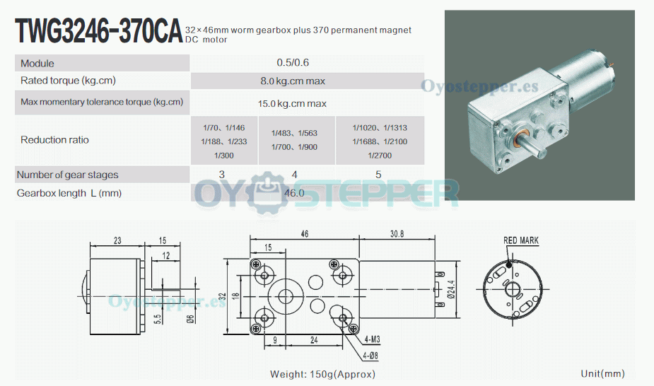 Pack de 2 Motores Eléctrico DC con Reductor de Tornillo Sin Fin 6V/12V Imán Permanente 8kg·cm 32×46mm