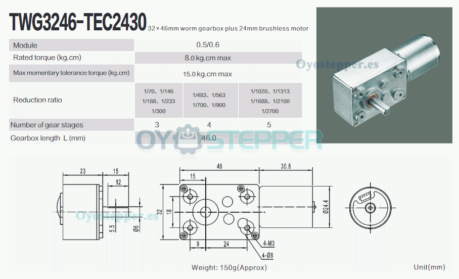 Pack de 2 Motores Eléctrico DC Sin Escobillas 12V/24V con Reductor Sin Fin 8kg·cm 4500RPM 32×76.8mm