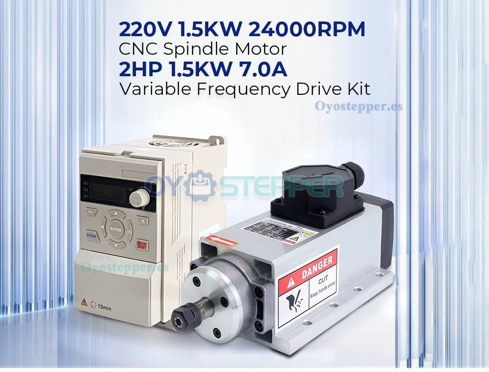 Kit de Husillo CNC 1.5 kW Refrigerado por Aire 24000 RPM 400 Hz ER11 con Variador de Frecuencia 2 HP