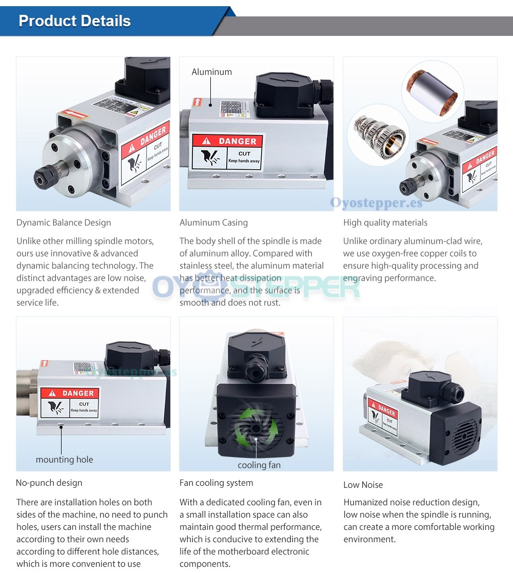 Kit de Husillo CNC 1.5 kW Refrigerado por Aire 24000 RPM 400 Hz ER11 con Variador de Frecuencia 2 HP