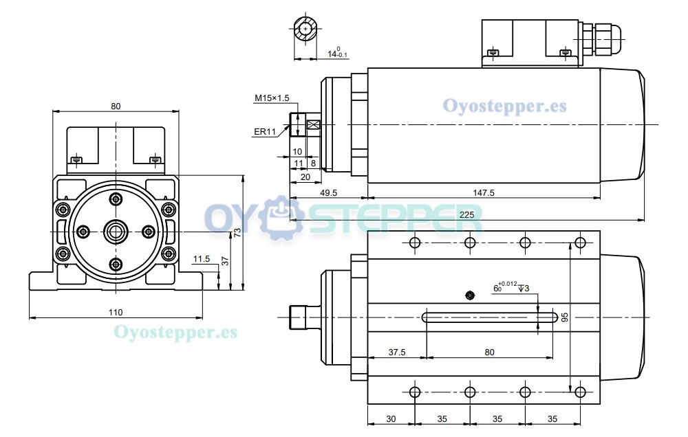 Kit de Husillo CNC 1.5 kW Refrigerado por Aire 24000 RPM 400 Hz ER11 con Variador de Frecuencia 2 HP